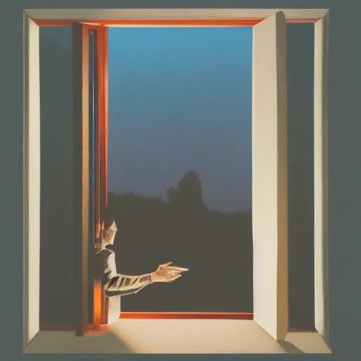 Prompt: man gazing out of window at dusk, hyperreal