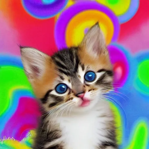 Prompt: a picture of an adorable kitten in front of a backdrop designed by Lisa Frank