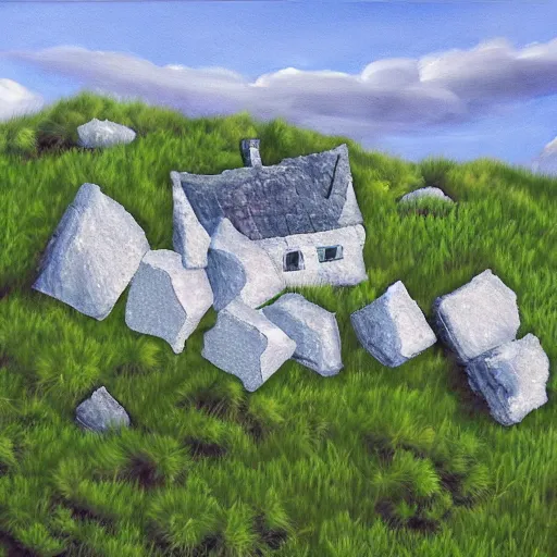 Prompt: a hyper realistic painting of a stone house made of melting ice cubes made of stone on a hill in the mountains and forest on a scorching hot day