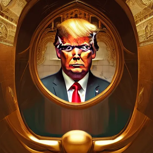 Image similar to symmetry!! portrait of donald trump inside toilet, intricate, elegant, highly detailed, digital painting, artstation, concept art, smooth, sharp focus, illustration, art by artgerm and greg rutkowski and alphonse mucha