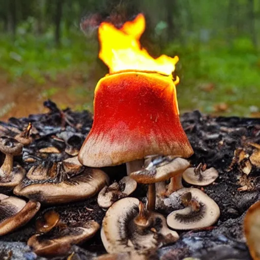 Image similar to a mushroom made out of fire, melting, dripping, gooey, swirling flames