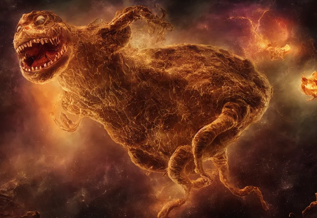 Image similar to eldritch horror bloody garfield in space, hd, 8 k, giant, epic, realistic photo, unreal engine, prophecy, powerful, cinematic lighting, destroyed planet, debris, violent, sinister, ray tracing, dynamic, epic composition, dark, horrific, teeth, grotesque, monochrome drawing, hellscape, corpses, foreboding, lightning, garfield cartoon eyes