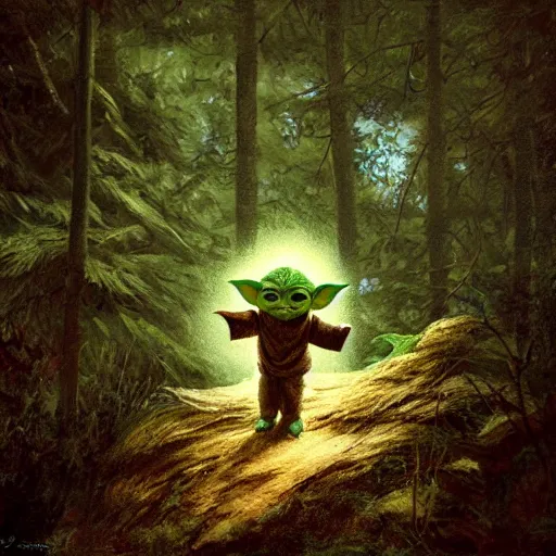 Prompt: high - angle view, shot from 5 0 feet distance, baby yoda on a well lit path in a dimly lit forest. dramatic clouds, setting sun. oil on canvas, digital art, light, shadow, contrast, detailed, depth, volume, chiaroscuro, drama, quiet intensity, realism