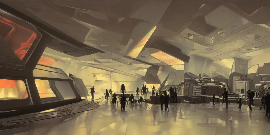 Prompt: a futuristic brutalist museum interior with holograms all over, ralph maquarrie and syd mead cinematic painting, 4 k