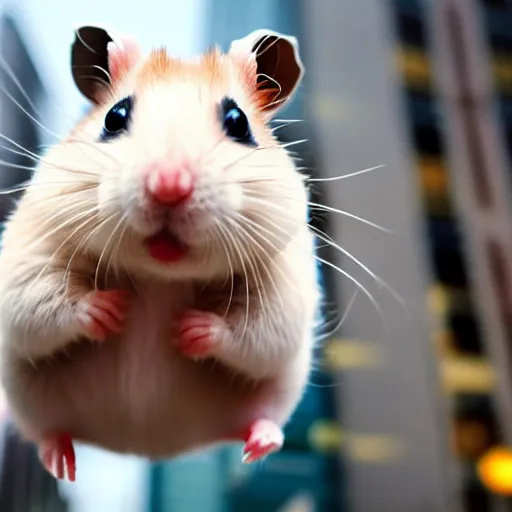 Prompt: a cute hamster in the middle of a busy street with skyscrapers, low angle camera, cinematic, very detailed, 4 k, depth of field