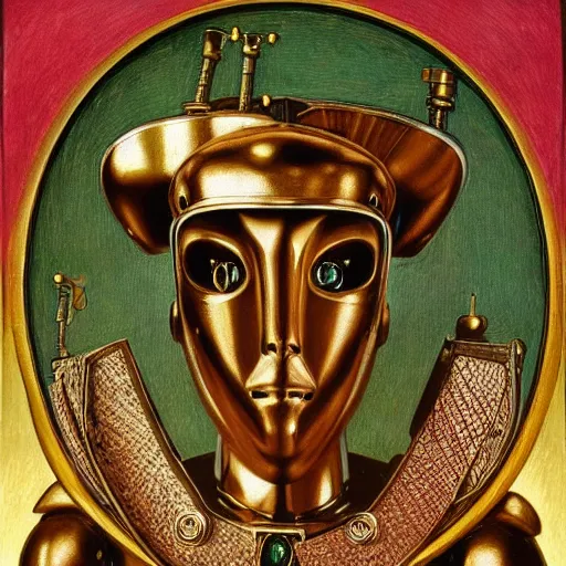 Image similar to a portrait of a shiny metallic renaissance steampunk robot, in the style of Jan van Eyck,