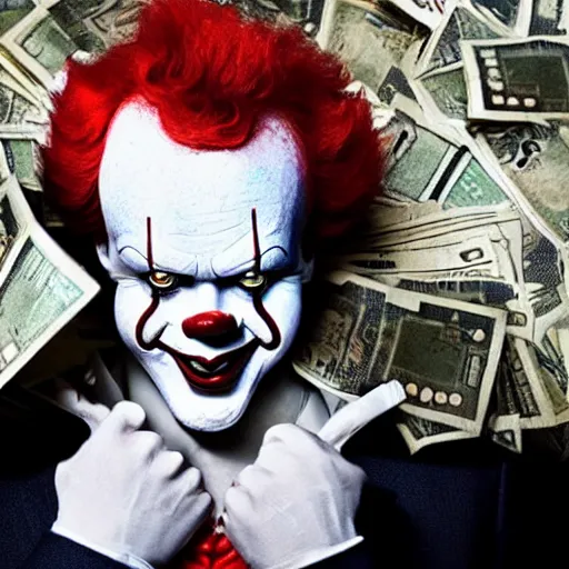 Image similar to Pennywise the clown wearing a suit and holding a stash of banknotes in his hands, full body shot, highly-detailed