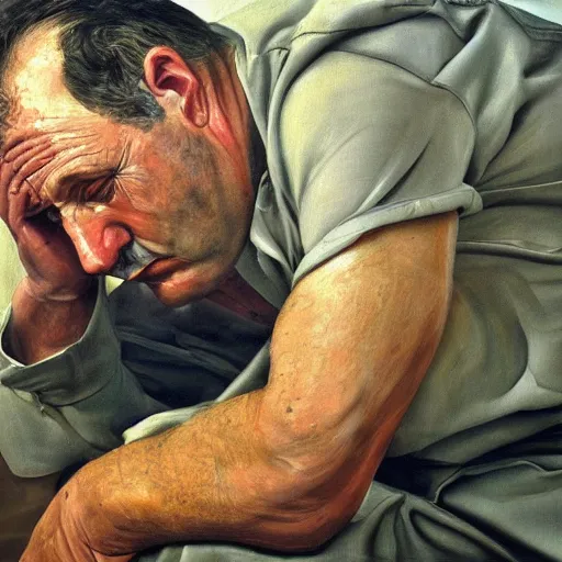 Image similar to high quality high detail painting by lucian freud, hd, portrait of a mechanic tired of work, photorealistic lighting