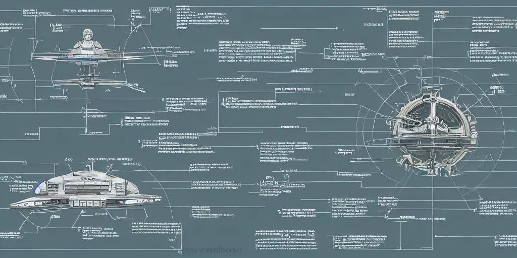 Image similar to detailed infographic blueprint of a messenger spaceship in the style of eve online