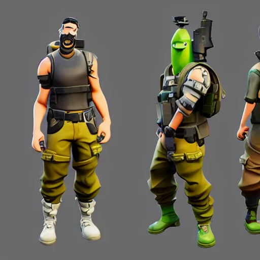 Image similar to fortnite character, anthropomorphic pickle, kind eyes and a derpy smile. flak jacket, ammo bandolier, cargo pants, black combat boots. fortnite style, unreal engine