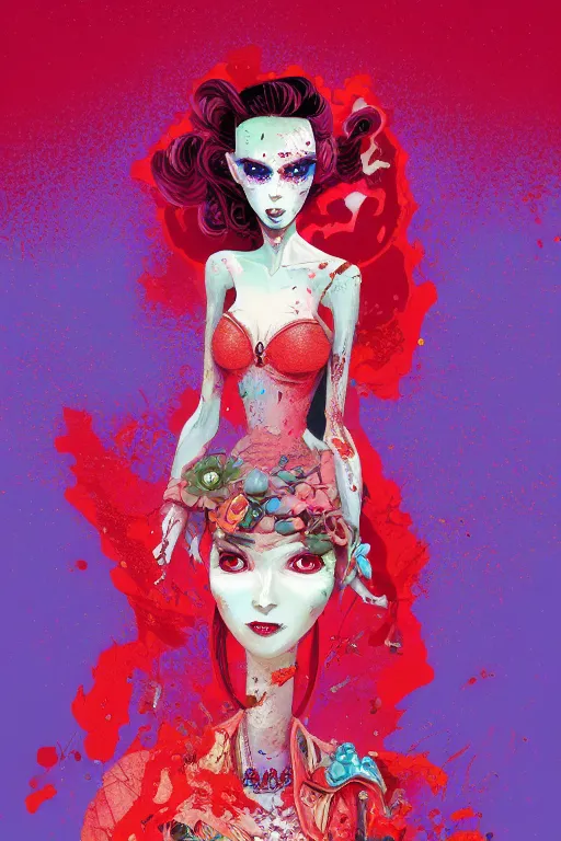 Image similar to beautiful lady half necromancer, made of red gucci fabric, dust particles, pixiv fanbox, dramatic lighting, maximalist pastel color palette, splatter paint, pixar and disney exploded - view drawing, graphic novel by fiona staples and dustin nguyen, peter elson, alan bean, wangechi mutu, clean cel shaded vector art, trending on artstation