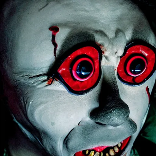 Prompt: distorted clown with bloody eyeballs, scary stories to tell at night