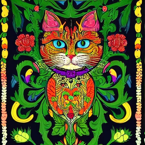 Image similar to colourful green man cat by louis wain and william morris, 8 k, artstation