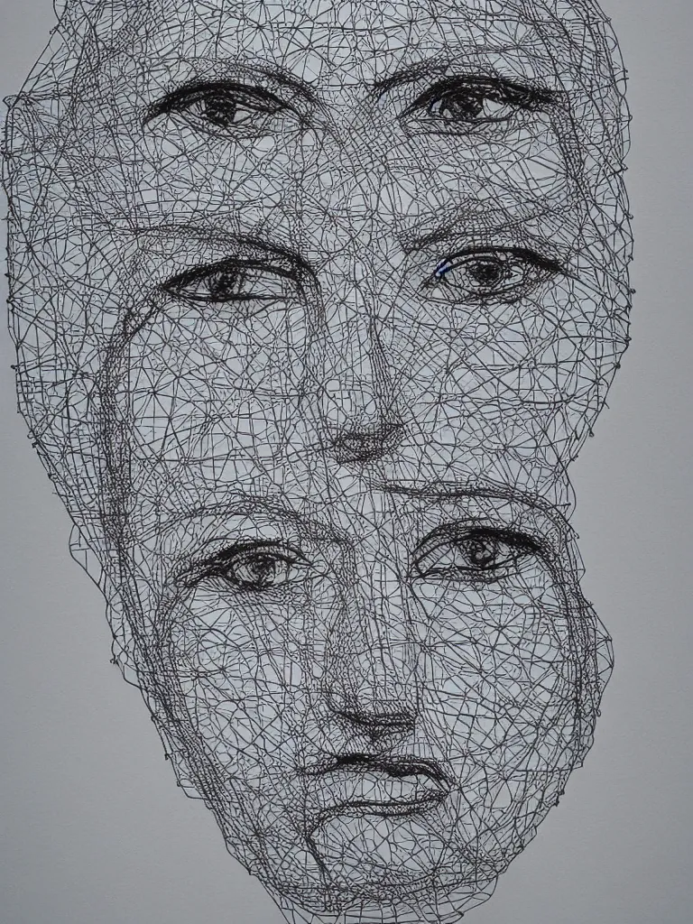 Prompt: elegant minimal thick metal wire art of a symmetrical and expressive female human face, influenced by gejza schiller portraits