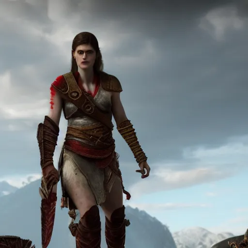 Prompt: Film still of Alexandra Daddario, from God of War (2018 video game)