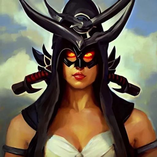 Image similar to greg manchess portrait painting of jade from mortal kombat wearing an oni halfmask as overwatch character, medium shot, asymmetrical, profile picture, organic painting, sunny day, matte painting, bold shapes, hard edges, street art, trending on artstation, by huang guangjian and gil elvgren and sachin teng