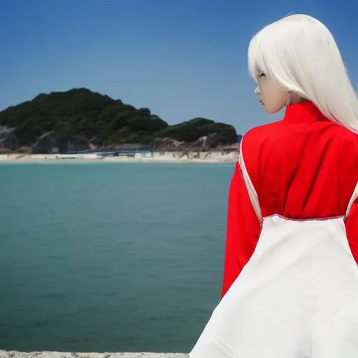 Prompt: japanese anime, white haired girl in red dress standing by the sea