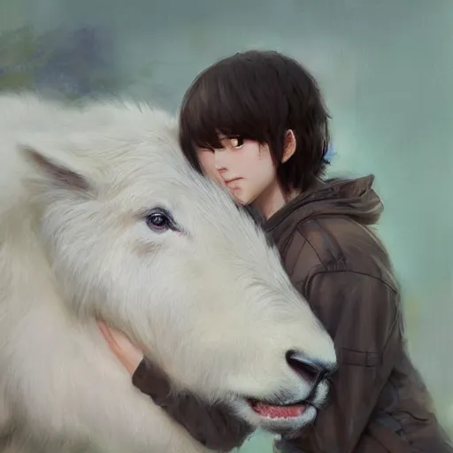 Image similar to a person hugging a large white animal, a detailed painting by krenz cushart, pixiv contest winner, fantasy art, official art, detailed painting, pixiv. highly detailed. 4 k masterpiece. photo realistic. realism. photorealism wideshot