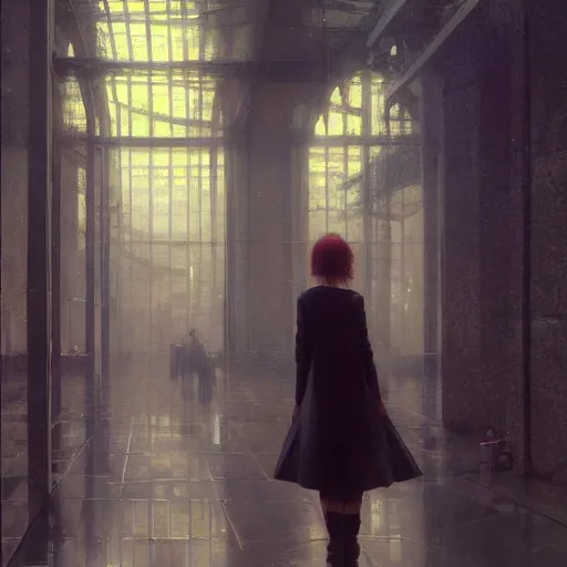 Prompt: detailed portrait of a woman, moment, cyberpunk cloisters, electronic billboards, tech noir, wet reflections, atmospheric, ambient, livia prima, greg rutkowski, edward hopper