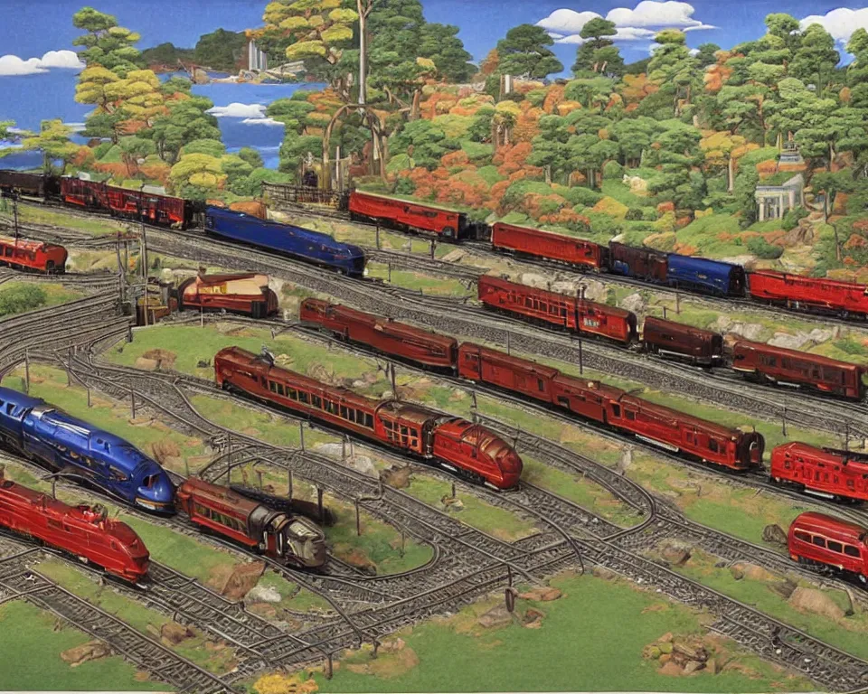 Prompt: an elaborate model train layout featuring mallard locomotives by Hasui Kawase, Raphael, and Bernini.