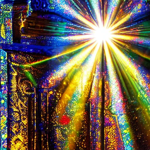 Prompt: award winning art, close up of an ornate intricate filigree carved pedestal made of gold studded with jewels in a forest rays of light beaming down, refraction of light into color, lens flare, high contrast by kinkade, eggleton