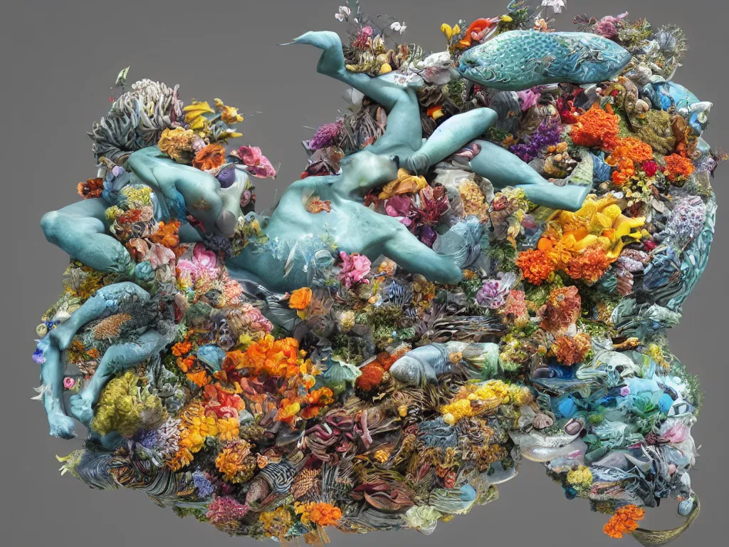 Image similar to a sculpture of fish ocean intertwined, a lovely cornucopia of flowers and human body parts, body parts, highly detailed, octane render, cinematic, shock, sharp focus, whole of cycle sharp