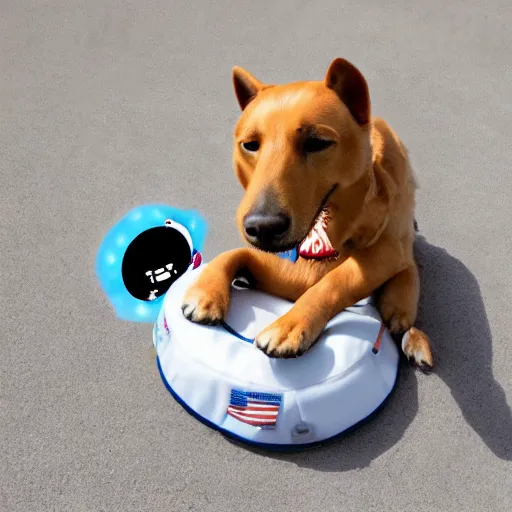 Prompt: an astronaut dog floating towards a giant dog treat