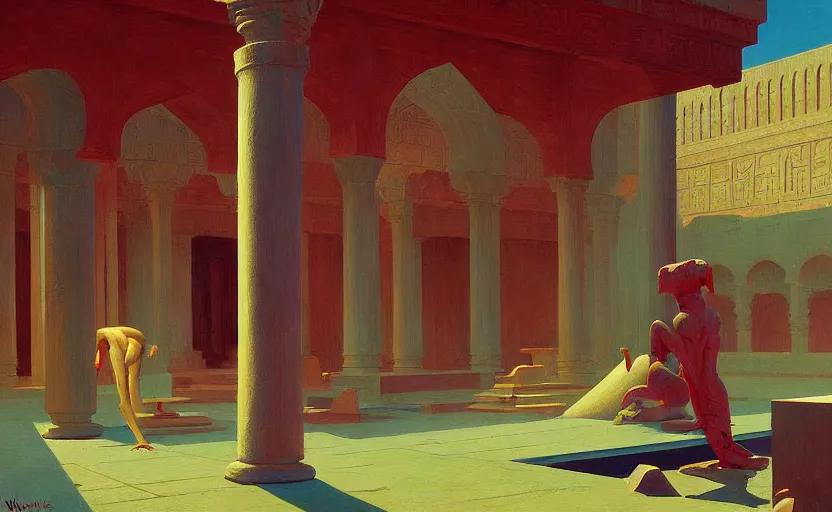 Prompt: Mysteriuos Persian Temple, very coherent, painted by Edward Hopper, Wayne Barlowe, painted by James Gilleard, airbrush, art by JamesJean