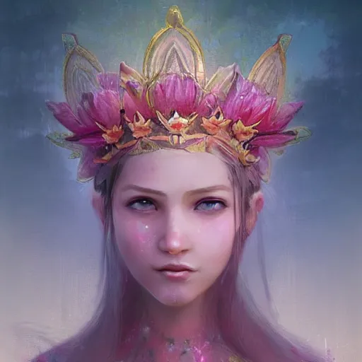 Image similar to Lotus floral crown girl, pink Lotus queen, epic fantasy style art by Craig Mullins, fantasy epic digital art