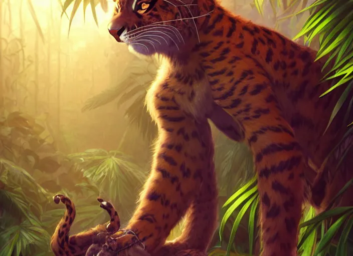 Image similar to character portrait feature of the anthro male anthropomorphic jungle cat jaguar fursona animal person wearing shaman tribal outfit robes belt standing in the amazon rainforest two legs, character design stylized by charlie bowater, ross tran, artgerm, makoto shinkai, detailed, soft lighting, rendered in octane