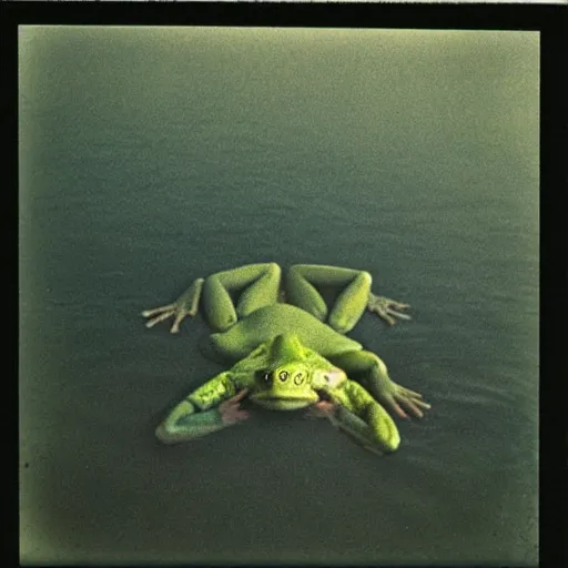 Prompt: semi translucent smiling frog amphibian floating upside down over misty lake in Jesus Christ pose, polaroid shot by Andrei Tarkovsky, paranormal, spiritual, mystical