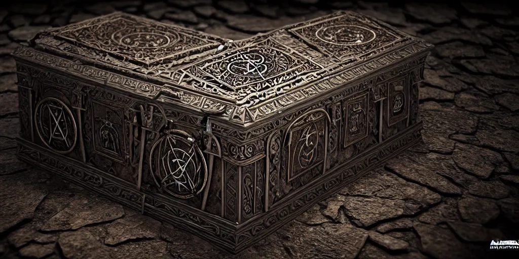 Prompt: an ancient ornate intricate old spell satanic coffin with the sigil symbol of evil emblazoned on the cover, in a unknown cave, cinematic, realistic, intricate detail, finely detailed, small details, extra detail, photorealistic, high resolution, 3 d, pbr, path tracing, volumetric lighting, octane render, arnold render, 8 k