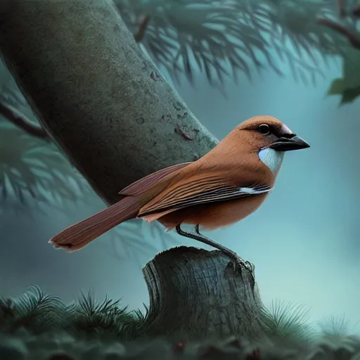 Image similar to brown jay bird, garrulus glandarius, arrendajo in avila pinewood, 4 k, concept art, by wlop, ilya kuvshinov, artgerm, krenz cushart, greg rutkowski, pixiv. cinematic dramatic atmosphere, sharp focus, volumetric lighting, cinematic lighting, studio quality