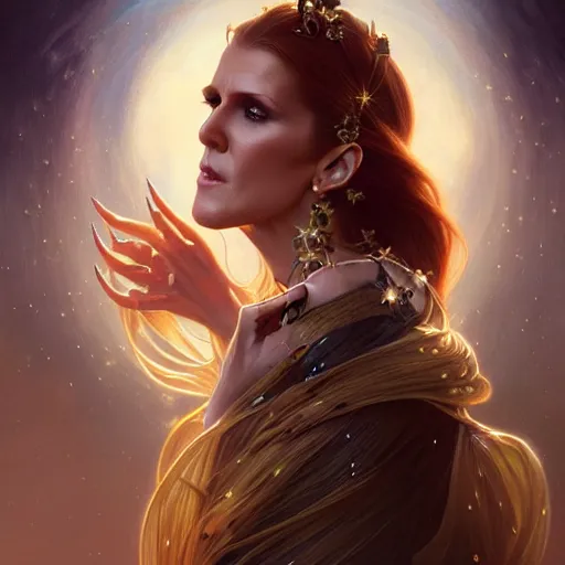 Image similar to Celin Dion as a fantasy magic woman portrait, sci-fi, amber eyes, face, long hair, fantasy, intricate, elegant, highly detailed, digital painting, artstation, concept art, smooth, sharp focus, illustration, art by artgerm and greg rutkowski and alphonse mucha