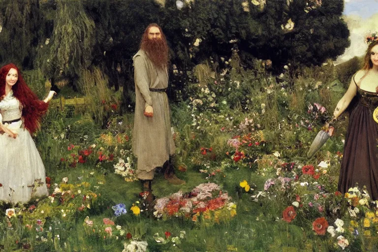 Prompt: hagrid the viking and morticia addams frolicking in a field of various flowers, fairy garden, masterpiece, highly detailed, oil on canvas, art by walter sickert, john singer sargent, and william open