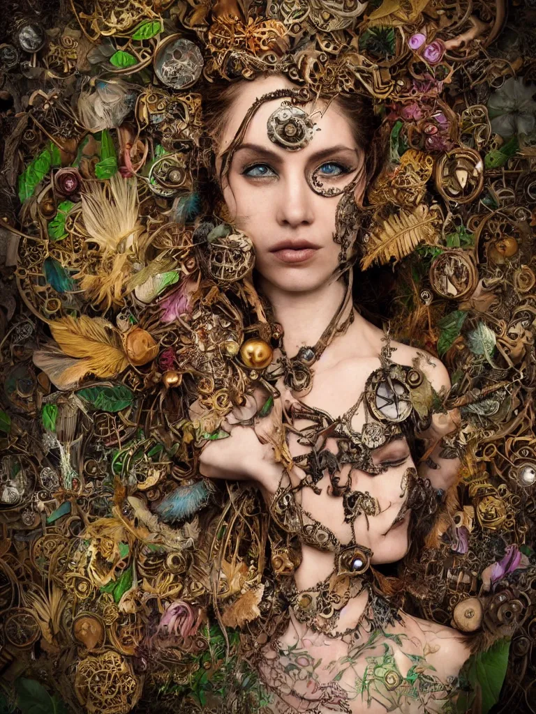 Prompt: a centered photo of a gorgeous steampunk fairy with face tattoos wearing ornate and intricate jewellery made from sticks and feathers and leaves and jewels dancing through a mushroom forest, Photo real, Detailed, Realism, Fantasy, Volumetric Lighting, Global Illumination, Subsurface Scattering, Photographic Color Scheme blur,trending on cg society, trending on artstation