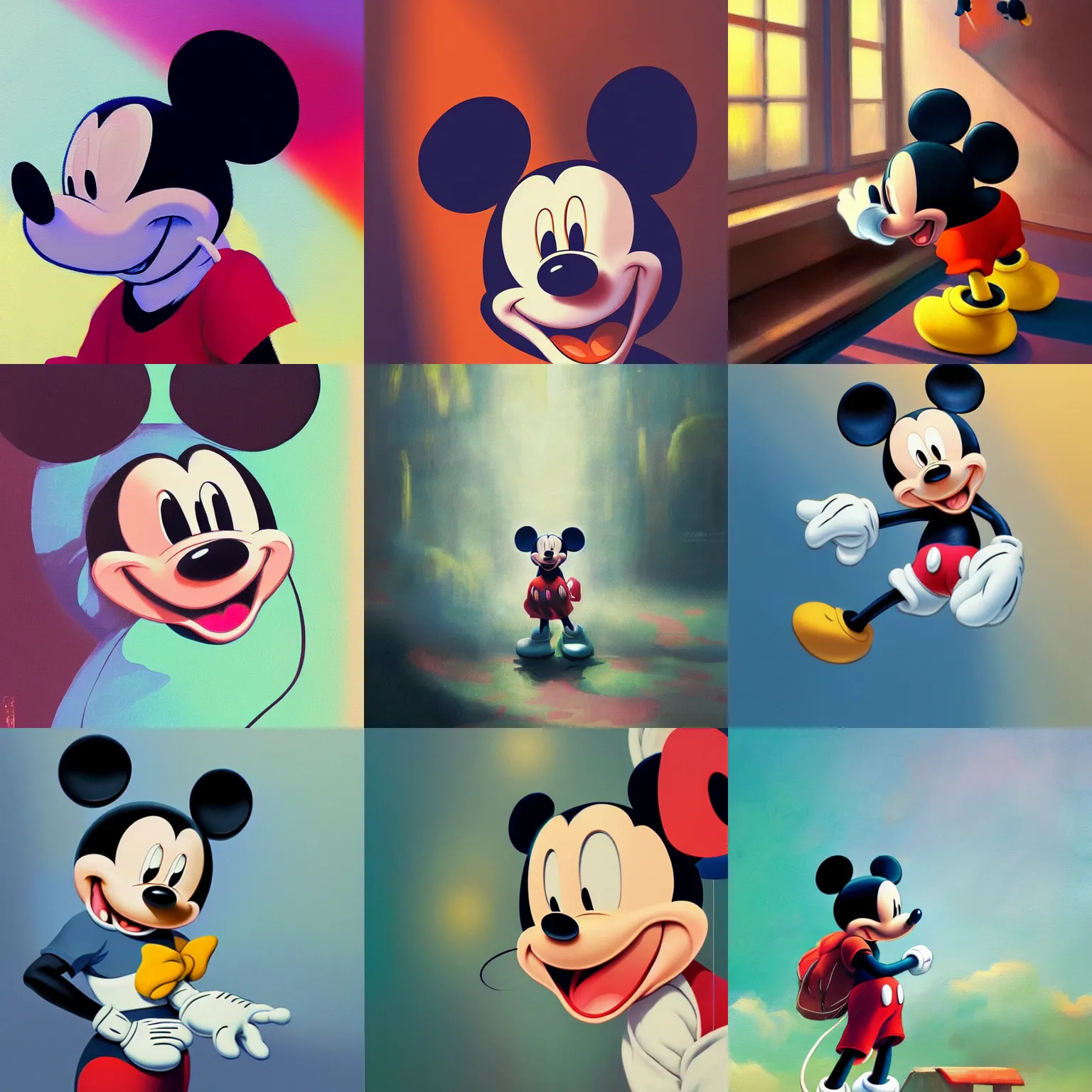 Prompt: mickey mouse, painting, cool color palette, refreshing, soft lighting, by hayao myazaki, by wlop