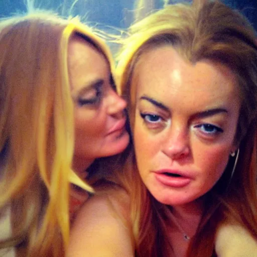 Image similar to Selfie photograph of Lindsay Lohan and Lindsay Lohan, golden hour, 8k,