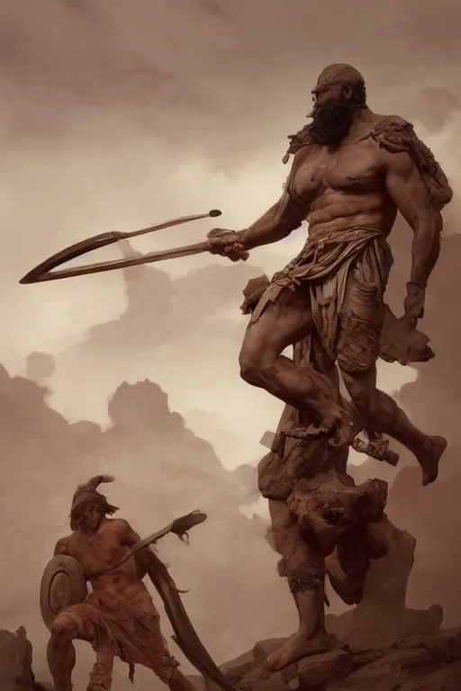 Image similar to ancient historically accurate depiction of the Bible Character Goliath of Gath, the Philistine warrior giant by frank miller, illustration by Ruan Jia and Mandy Jurgens and William-Adolphe Bouguereau, Artgerm, 4k, digital art, surreal, space dandy style, highly detailed, godsend, artstation, digital painting, concept art, smooth, sharp focus, illustration by Ruan Jia and Mandy Jurgens and William-Adolphe Bouguereau, Artgerm