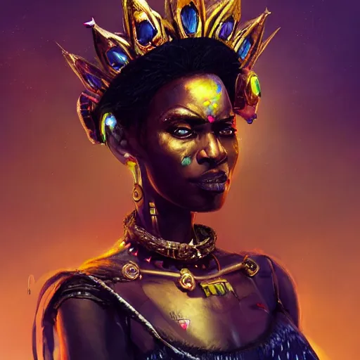 Image similar to a dark and ominous african queen with glowing eyes and a golden crown with a ruby and a black diamond in her forehead, Apex Legends character digital illustration portrait design, by android jones and greg rutkowski in a cyberpunk voodoo style, detailed, cinematic lighting, wide angle action dynamic portrait