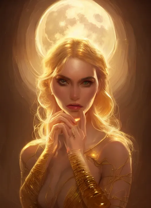 Image similar to clear portrait of a pale attractive women made of gold and moonstone, background hyper detailed, character concept, full body, dynamic pose, glowing lights intricate, elegant, highly detailed, digital painting, artstation, concept art, sharp focus, illustration, qwek dom