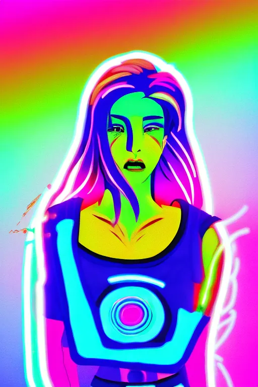 Image similar to a award winning half body portrait of a beautiful woman with stunning eyes in a croptop and cargo pants with rainbow colored ombre hairstyle head in motion and hair flying singing by thomas danthony, outlined by whirling illuminated neon lines, outrun, vaporware, shaded flat illustration, digital art, trending on artstation, highly detailed, fine detail, intricate