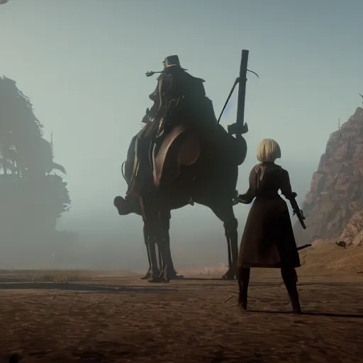 Prompt: Film still of 2B Nier Automata in Red Dead Redemption 2 (2018 video game), trending in artstation, detailed, artstationHD, artstationHQ