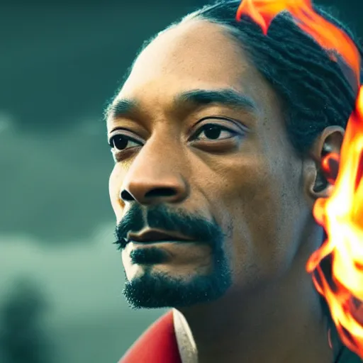Image similar to cinematic film still of Snoop Dogg starring as a Samurai holding fire, Japanese CGI, VFX, 2022, 40mm lens, shallow depth of field, film photography