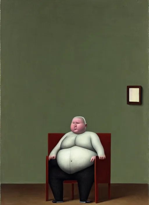 Prompt: fat man sitting on chair, sweat, fat, frustrated, art by gertrude abercrombie