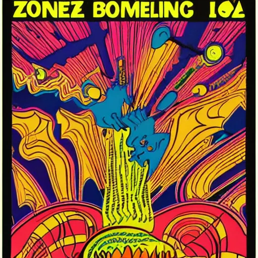 Image similar to Fillmore concert poster for The Bozone by Victor Moscoso and Rick Griffin, psychedelic, day-glo colors, flowing lettering