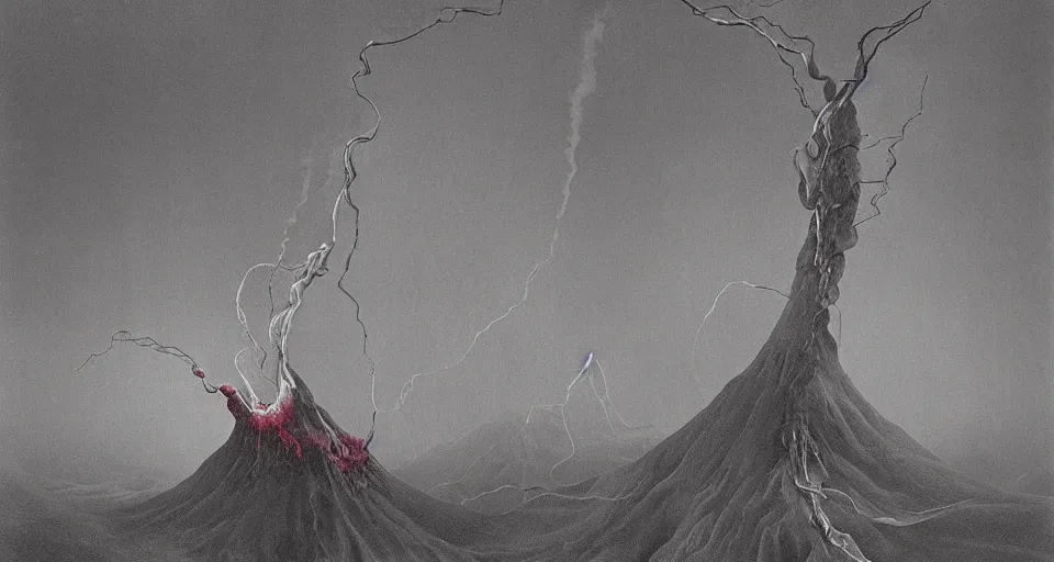 Prompt: a volcano made of ivory vines and crimson rocks enters in eruption, it spits a smoke in the shape of demonic eye, by Zdzisław Beksiński