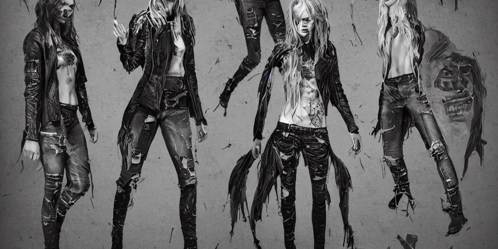 Image similar to samara weaving as a wanderer with tattooed neck, wearing a scratched leather and ripped leather jeans, wearing a short black jacket with a colorful stamp on its back, character sheet, fine details, props, concept design, contrast, kim jung gi, greg rutkowski, trending on artstation, 8 k, full body, turnaround, front, back, ultra wide angle