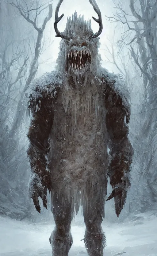 Prompt: portrait of a frozen monster creature, standing in a snowy field, fantasy, highly detailed, cinematic lighting, digital art painting by greg rutkowski