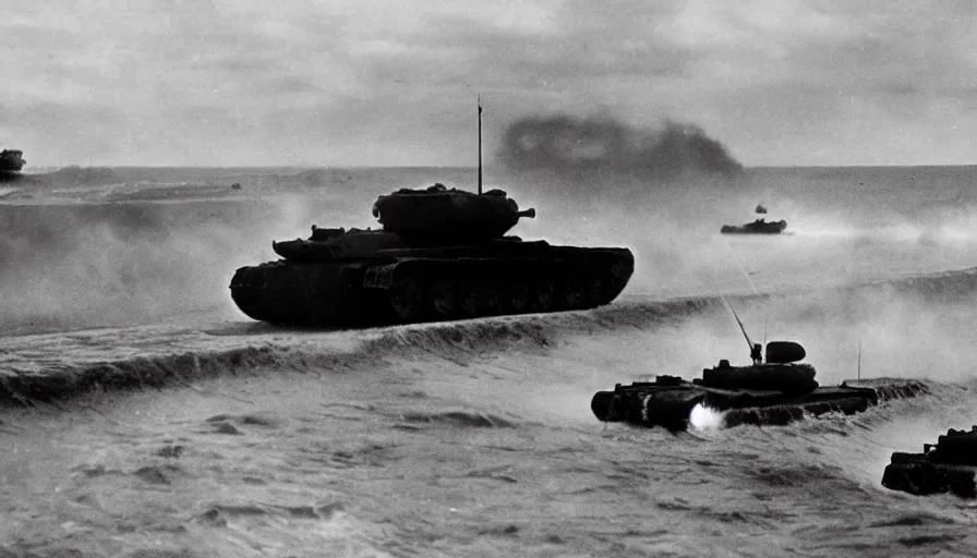 Prompt: old black and white 4 0's photos of world war 2 showing tanks with laser canons on omaha beach, hyperdetailed, artstation, cgsociety, 8 k